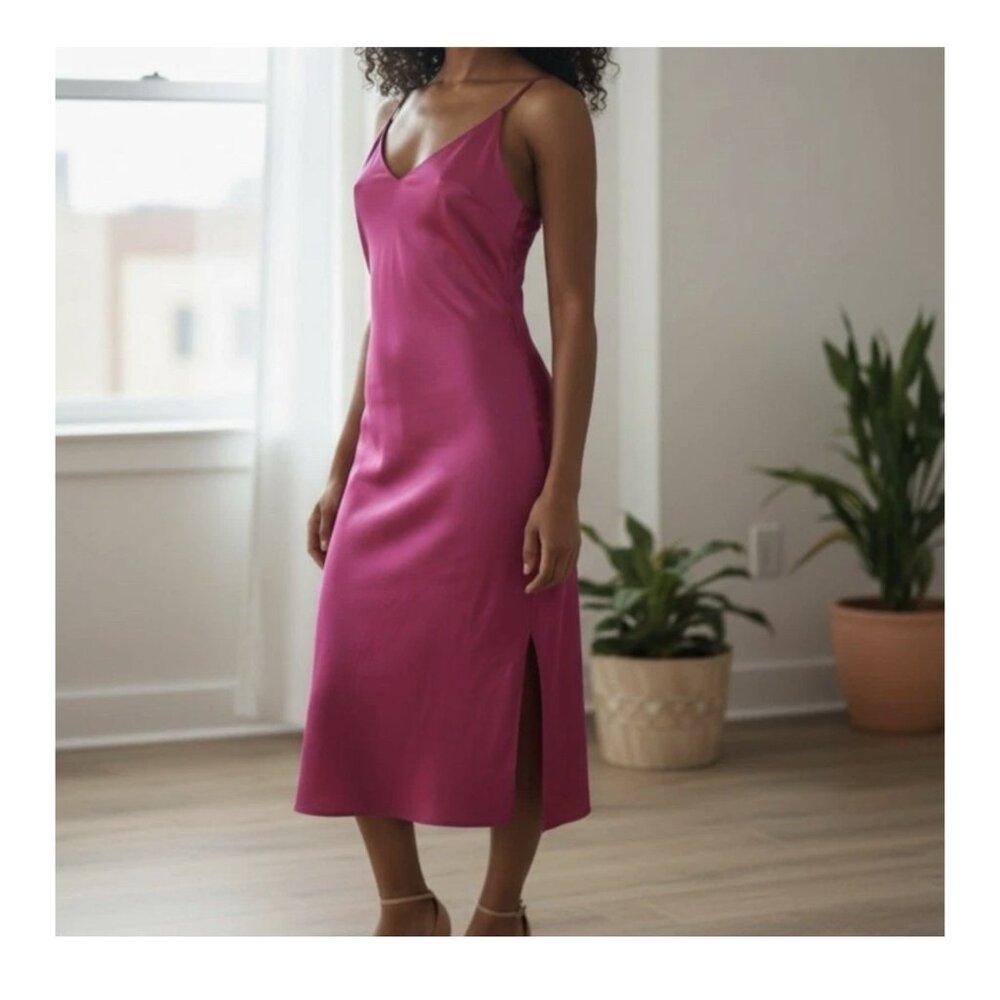 THE DROP Ana Midi Slip Dress Hot Pink Satin NWT Size Large Sexy Date Night K